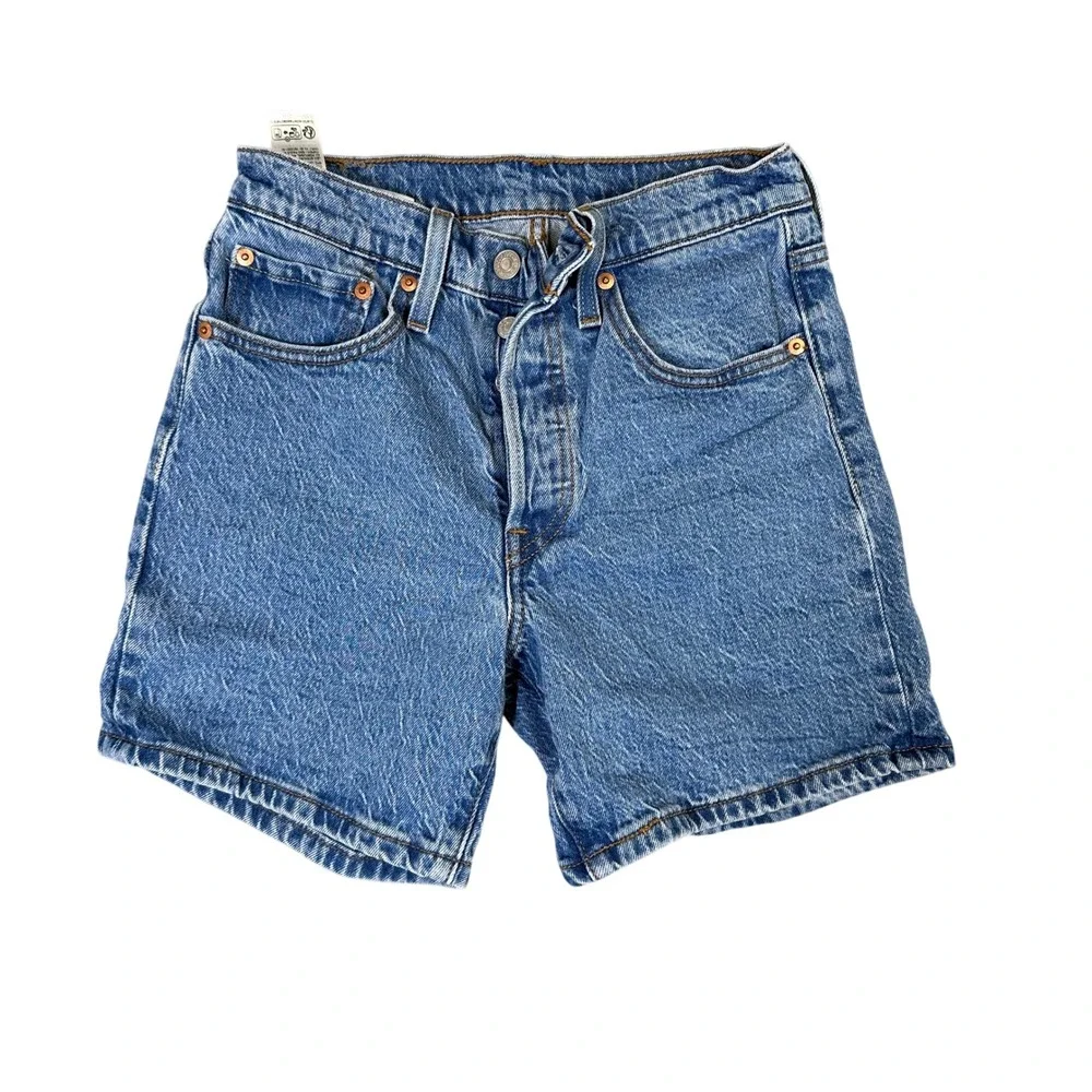 Levis 501 Original High Waisted Denim Shorts Blue Medium Wash Button Fly Size 24